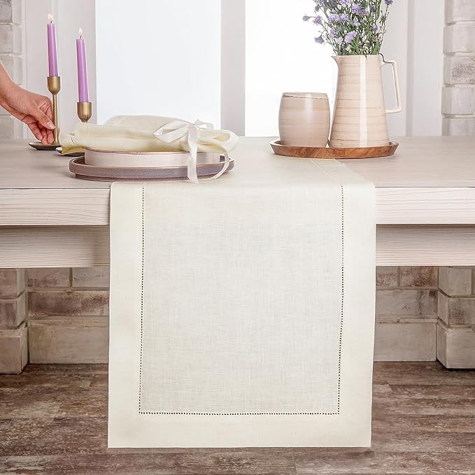 D'Moksha Homes Linen Ivory Table Runner 48 Inches - Classic Hemstitch, 100% Pure Linen Coffee Table Runner 14 x 48 Inch Ideal for Dresser Tables - Winter, Christmas, Holiday, New Year