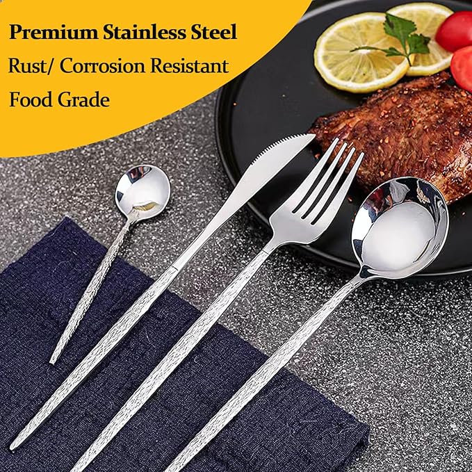 Silverware Set for 4, 16 Piece, Food Grade Stainless Steel Flatware Set, Hammered Cutlery Set For Home Kitchen Restaurant Hotel, Mirror Polished Serving Utensils Set, Forks/Steak Knife/Spoons