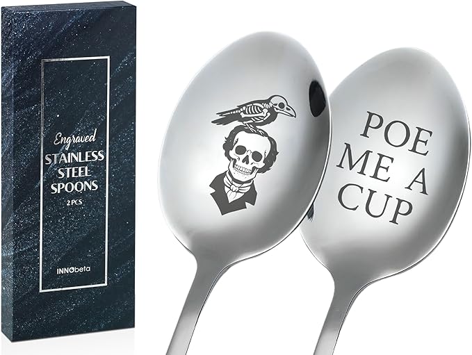 Edgar Allan Poe Gifts for Men & Women, 2 Pcs Engraved Stainless Steel Spoons, Perfect for Birthday & Christmas