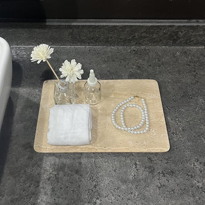 Natural Marble Beige Travertine Tray, Pastry Cheese Tray, Dessert Coffee Plate, Double Sided Smooth Marble Slab (Beige Travertine)