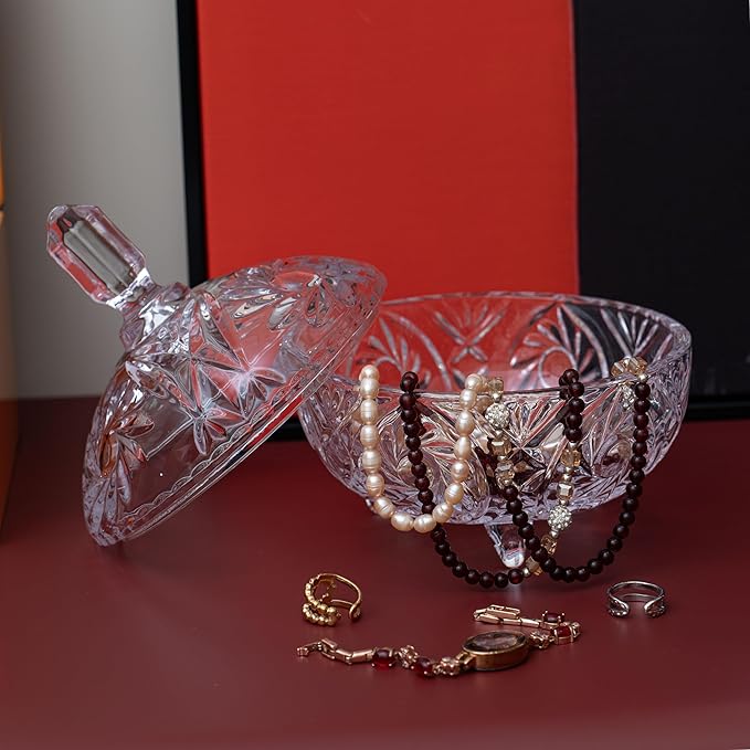 Cystone 27oz Large Glass Candy Dish with Lid, Crystal Candy Bowl, Embossed Decorative Storage Jar for Office Desk, Jewelry Box, Biscuit, Christmas, Wedding, Birthday Gift