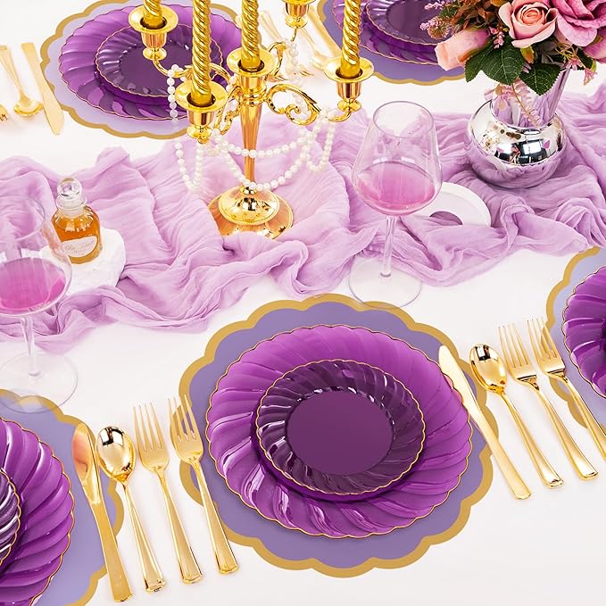 100 Pcs Purple Paper Placemats 13.5 Inch Disposable Scalloped Colorful Pastel Round Table Place Mats with Gold Edges, Decorative Colors Mats for Birthday Wedding Bridal Shower Banquet Tea Party