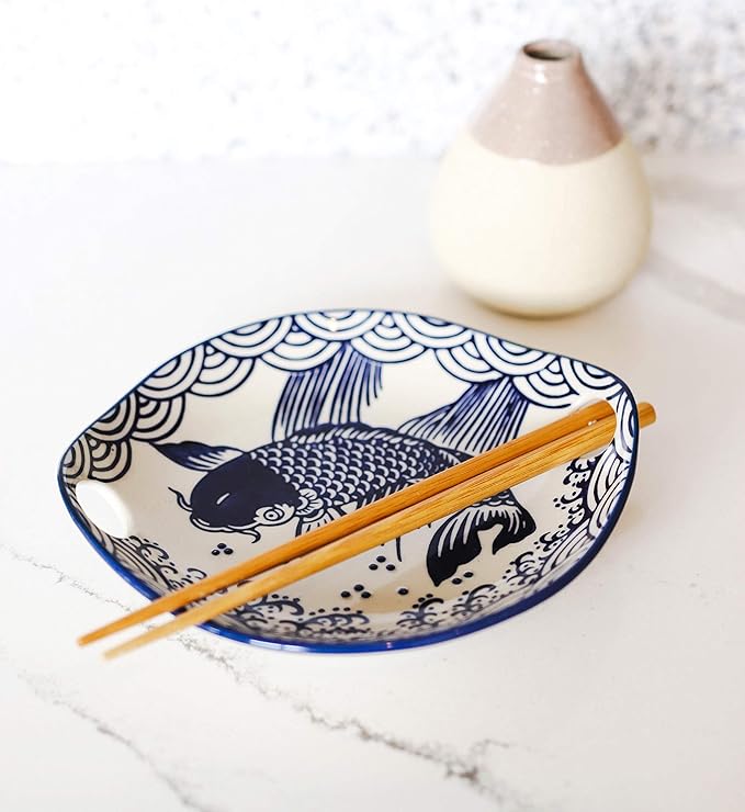 Ebros Blue And White Koi Fish Feng Shui Appetizer Snack Serving Coupe Plate Dish With Chopsticks And Built In Rest Set Small Flat Bowl For Hors D'oeuvres Sushi Ice Cream Serveware Plates (2)