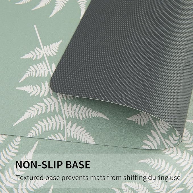 QIYI Placemats Set of 6, 12x18 Inch PU Leather Place Mats for Kitchen Dinning, Heat Resistant Anti Slip Green White Table Mats, Waterproof Wipeable Washable Placemat Party Table Décor, Fern Leaves