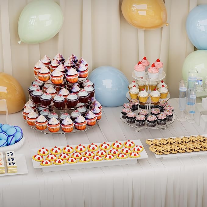 3 Tier Cupcake Tower with 10" 12" 14" 4mm Thick Heavy-Duty Trays, Acrylic Dessert Display Stand for Weddings, Parties, Baby Showers, Round Cupcake Display Stand