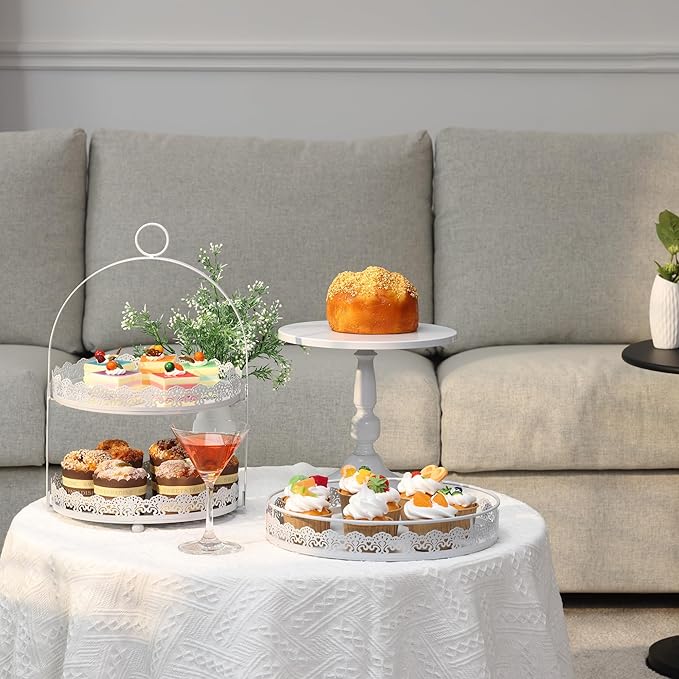 6 Pcs White Cake Stands Set, QENUIITEA Cake Display Pedestal Tiered Cupcake Holder Dessert Plate Serving Tower Tray Decorative for Wedding Birthday Party Baby Shower Celebration