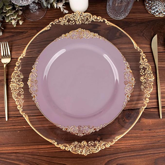 10" Dinner Plates -Set of 30 - Plastic Lavender Lilac Round Baroque Disposable Chargers Leaf Embossed Rim, Ideal for Dinner Party Wedding Bulk Events