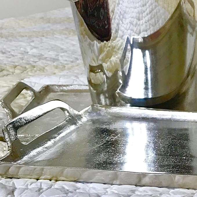 Grand Hotel Serving Trays, Set of 2, Brilliant Craft Finish, Hand Cast Silver Aluminum, 21.75 and 18.5 Inches, Pads on Bottom,Rectangles