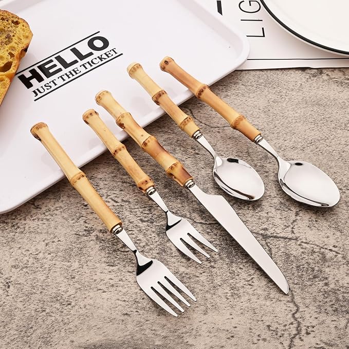 6-Piece Bamboo Silverware Set, Stainless Steel Flatware Hostess Serving Set Bamboo Utensils Tableware Set for Home Camping Travel Hotel - 6pcs Dinner Spoon