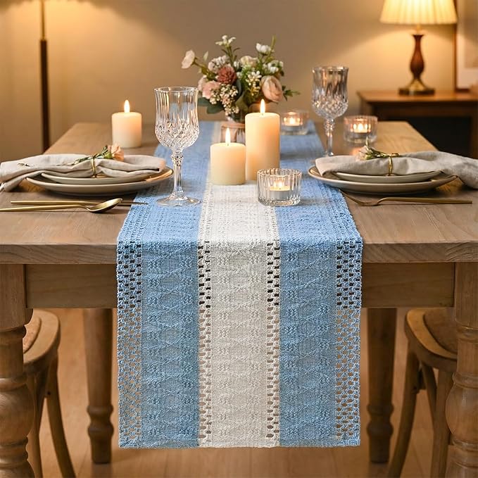 Artoid Mode Sky Blue Farmhouse Rustic Table Runner, Seasonal Hollow Kitchen Dining Table Decoration for Home Party Decor 12x120 Inch