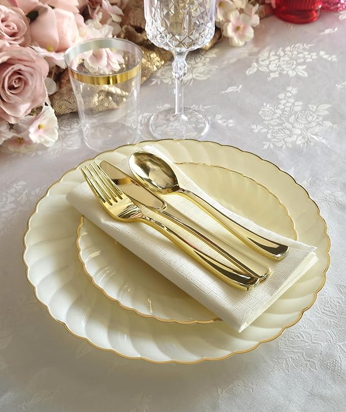 " OCCASIONS " 50 Plates Pack (25 Guests)-Vintage Wedding Party Disposable Plastic Plate Set -25 x 10.25'' Dinner + 25 x 7.5'' Salad/dessert plates (Blossom Ivory & Gold)