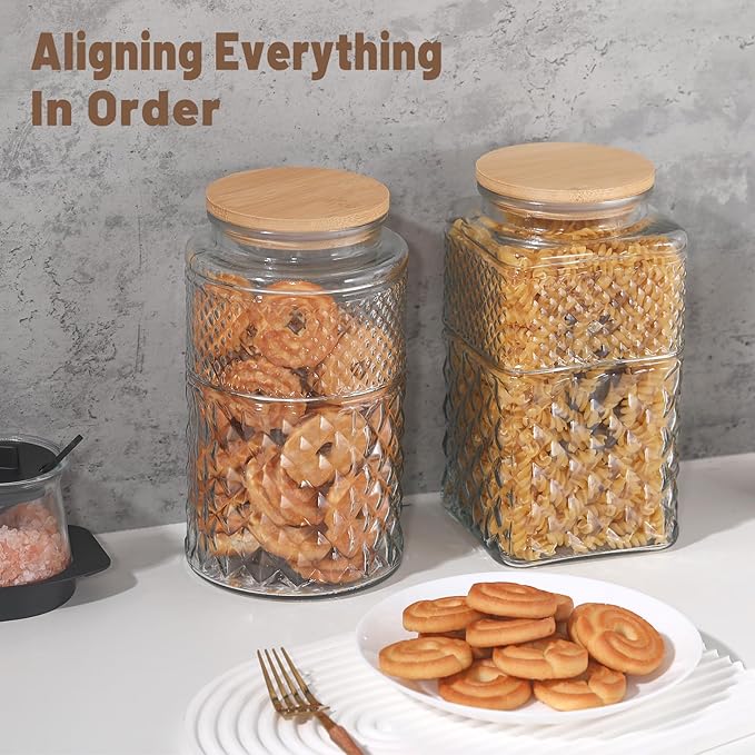 90 oz | 0.7 Gallon Large Cookie Jar, Glass Jar with Airtight Lid, Decorative Kitchen Canister with Bamboo Lids, Candy Jar | Glass Storage Air tight Glass 2600ml Square