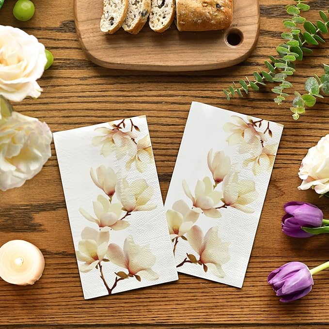 Horaldaily 200 Disposable Paper Decorative Guest Napkins, Magnolia Grandiflora Hand Towel for Party Lunch Dinner Kitchen Bathroom