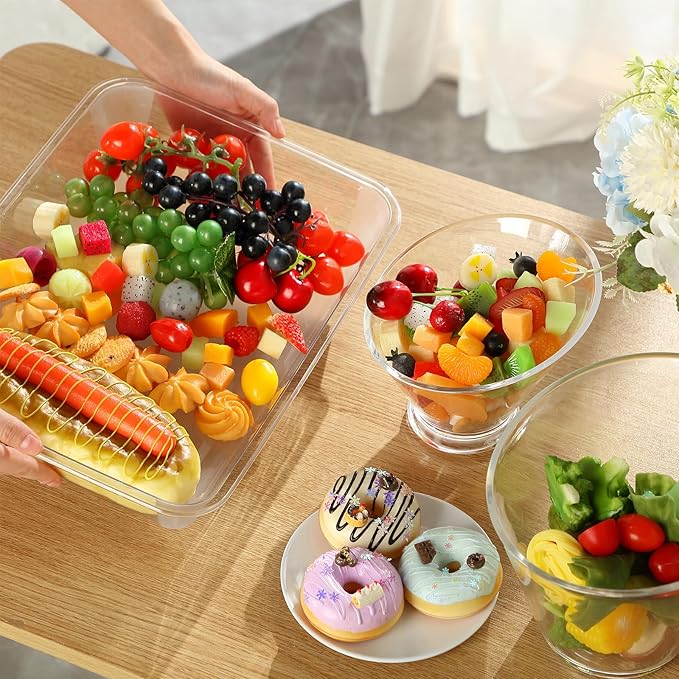 Rtteri 8 Pcs Acrylic Angled Salad Bowls and Serving Trays Set Includes 6 Pcs Large Plastic Clear Serving Bowls and 2 Pcs Rectangle Serving Platters for Party Snack Weddings
