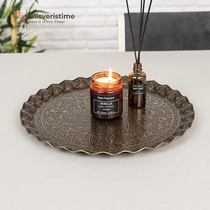 Alisveristime Turkish Ottoman Coffee Tea Serving Tray – 11.8 Inches, Wavy Zamac Tray with Traditional Motifs, Available in Five Color Variations (Autentic)