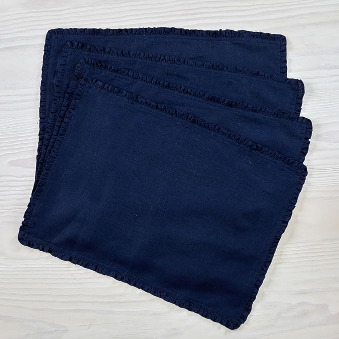 Solino Home Navy Blue Linen Placemats 14 x 19 Inch - 100% Pure Linen Juliette Ruffle Placemats Set of 4 - Handcrafted and Machine Washable Table Mats