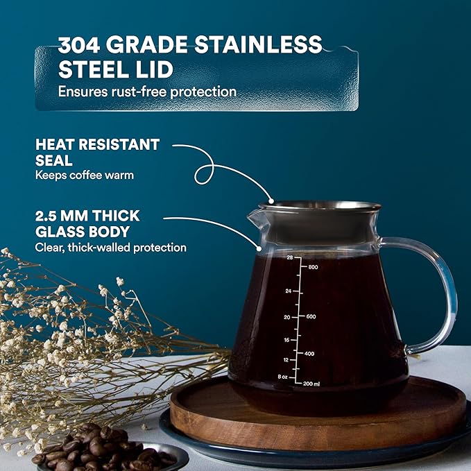 Glass Range Coffee Server For Pour Over Coffee & Tea - 800ml/27oz Ovalware Microwave Safe & Heatproof 2.5mm Thick Glass Body