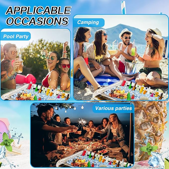 3 Pcs Inflatable Serving Bar Salad Ice Tray Food Drink Candy Buffet Containers Picnic Pool Inflatable Cooler with a Drain Plug and a Hand Pump, 53 x 23.6 x 4.7 Inch(Black)
