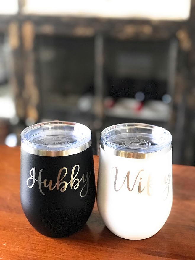 Wifey & Hubby 12 oz. Insulated Wine Glasses Set - Modern Engraved Wedding Gift Drinking Tumblers Couples Gifts Black/White, Wine Glass Set and Wedding Essentials