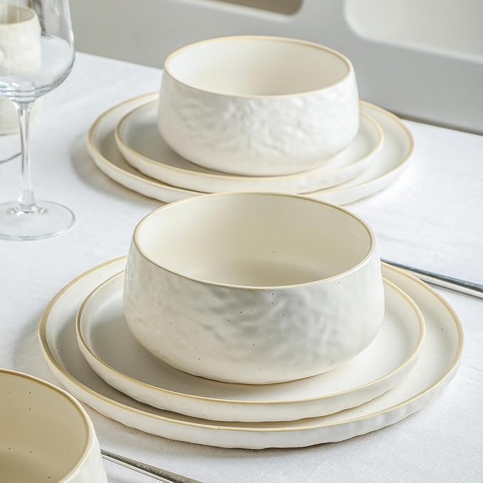 Stone by Mercer Project SHOSAI 32-Piece Stoneware Dinnerware Set, Plates and Bowls Set, Modern Dishware set fo 8, White Speckled