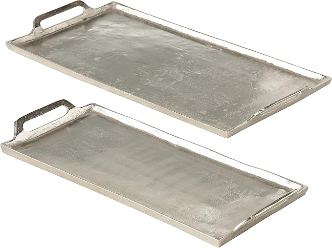 Grand Hotel Serving Trays, Set of 2, Brilliant Craft Finish, Hand Cast Silver Aluminum, 21.75 and 18.5 Inches, Pads on Bottom,Rectangles
