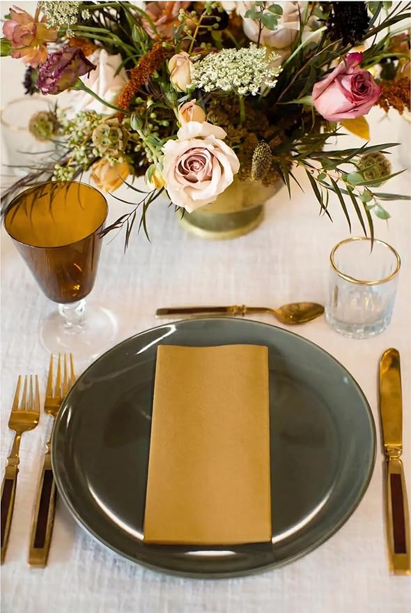 AMERICAN HOMESTEAD Paper Napkins - Gold Disposable Linen-Like Dinner Napkins - Restaurant-Quality Table Serviettes for Weddings, Parties, and Events - 15.75" x 15.75" - 50 Count