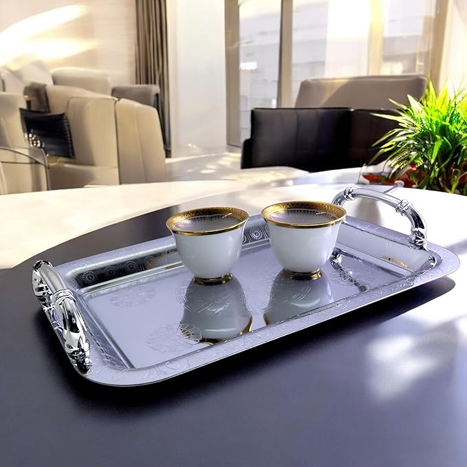 11.4 inch x 7.9 inch Oblong Chrome Plated Serving Tray with Handles Stylish Design Floral Engraved Rainbow Edge Decorative Party Wedding Dessert Buffet Wine Platter Plate FST-071