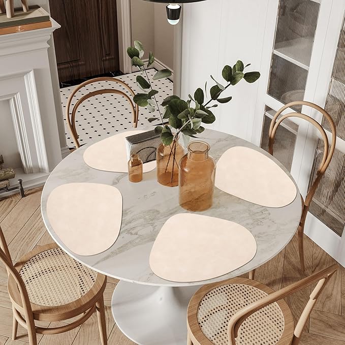 ADRIMER Placemats, Heat Resistant Round Placemats Set of 6 Washable 13 x 17 Inch, Waterproof Table Mats Wipeable for Kitchen, Dining Room Table Christmas Decor, Beige