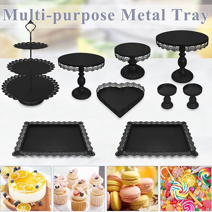 Set of 9 Cake Stands Metal Cupcake Stand Set Multiple Styles Candy Fruit Display Tower Dessert Plate Cake Serving Tray for Birthday Party Wedding Anniversary Baby Shower Engagement (Black)