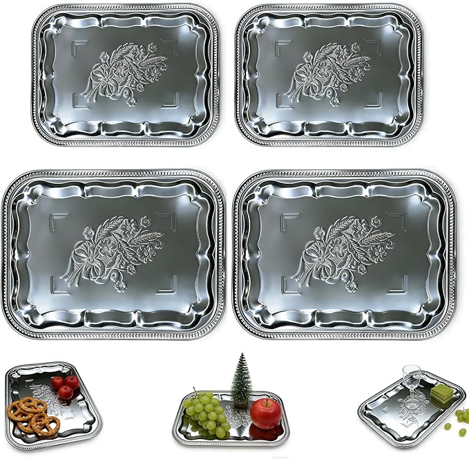 Elegant Floral Engraved Silver Serving Trayr Set (4-Pcs) - 2 Small (11.4×7.1×0.8") & 2 Large (13.8×8.7×0.8"), Stainless Steel Silver Platter for Party, Home Decor