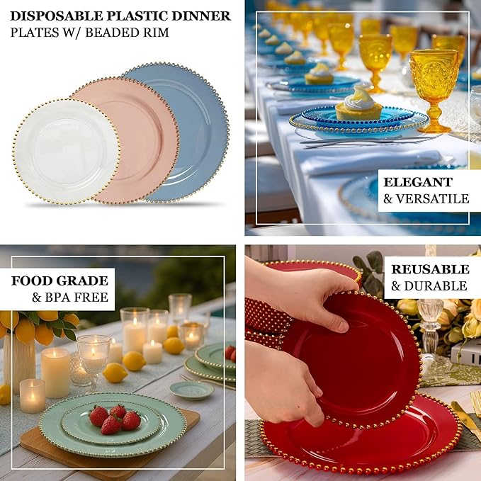 Efavormart 10-Pack Plastic Round Dinner Plates 10" Clear Silver Glittered with Beaded Rim - Disposable Party Plates