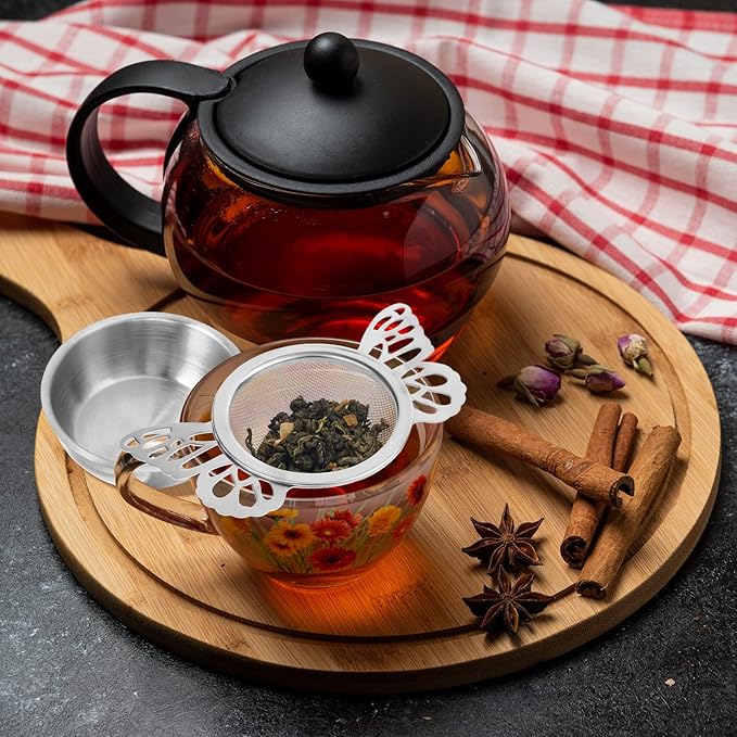 VEIREN 2 Pieces Tea Strainers with Drip Bowl Stainless Steel Loose Leaf Tea Filter with Butterfly Handle Reusable Fine Mesh Tea Interval Diffuser for Loose Leaf Coffee Herbal Spice(Style B, Silver2)