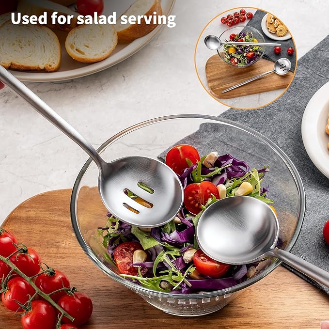 O.C.E. 4 Pieces Serving Spoons Set,10.3-Inch Large Serving Spoon,Including 2 Serving Spoon and 2 Slotted Spoon,Stainless Steel Flatware Serving Set,for Buffet,Banquet or Gift,Matte Silver