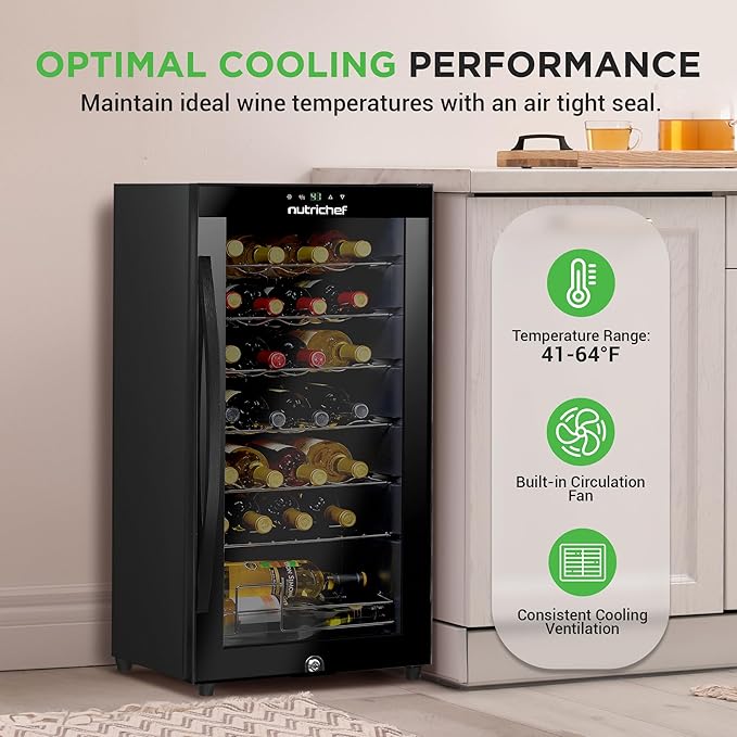 Nutrichef 28 Bottle Wine Fridge | Single Zone Red & White Wine Chiller | Adjustable Temperature 41°F to 64°F | Ultra Quiet Operation | Wine Cooler For Home & Office | Free Standing 33x16x17 IN | Black