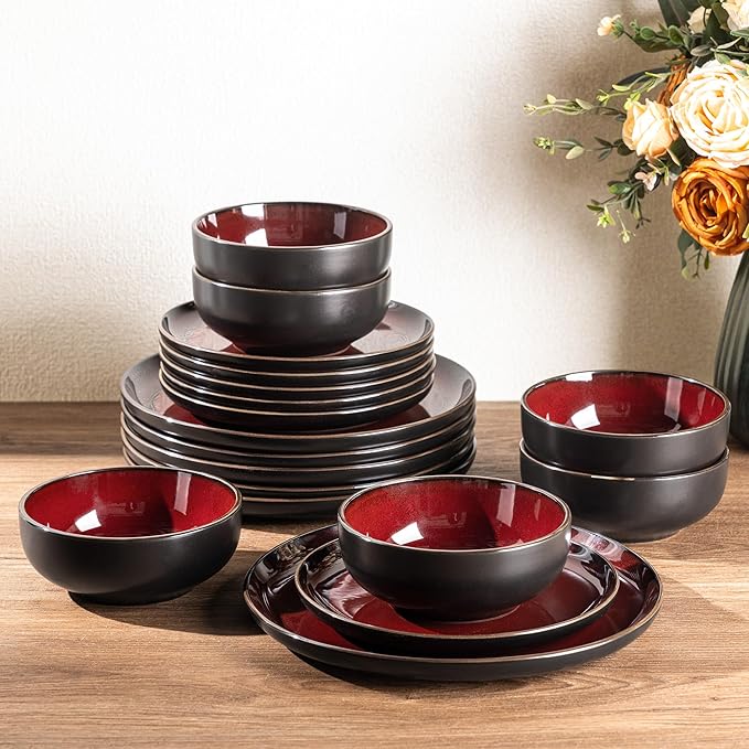 GBHOME Dinnerware Sets for 4, 12 Pieces Stoneware Plates and Bowls Sets, Scratch Resistant Ceramic Dishes, Dishwasher & Microwave Safe, Reactive Glaze-Burgundy