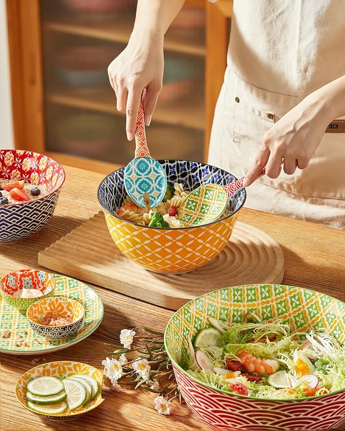 Ceramic Salad Servers, 9" Salad Spoon and Fork Set, Salad Tongs for Mixing, Tossing, Cooking and Stirring, Dishwasher & Microwave Safe, Set of 2, Orange & Red
