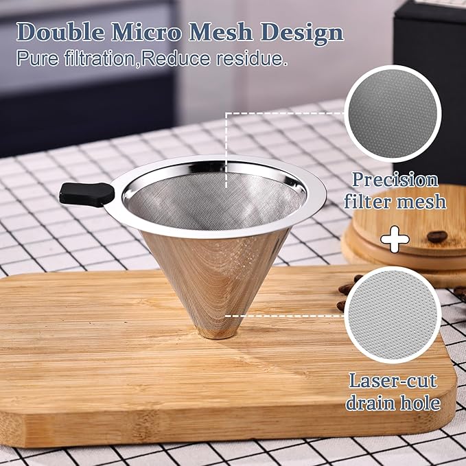 Pour Over Coffee Filter Dripper, Stainless Steel Metal Cone Drip Coffee Filter, Paperless and Permanently Reusable, Double Mesh Coffee,Tea Filter for 2-4 Cups