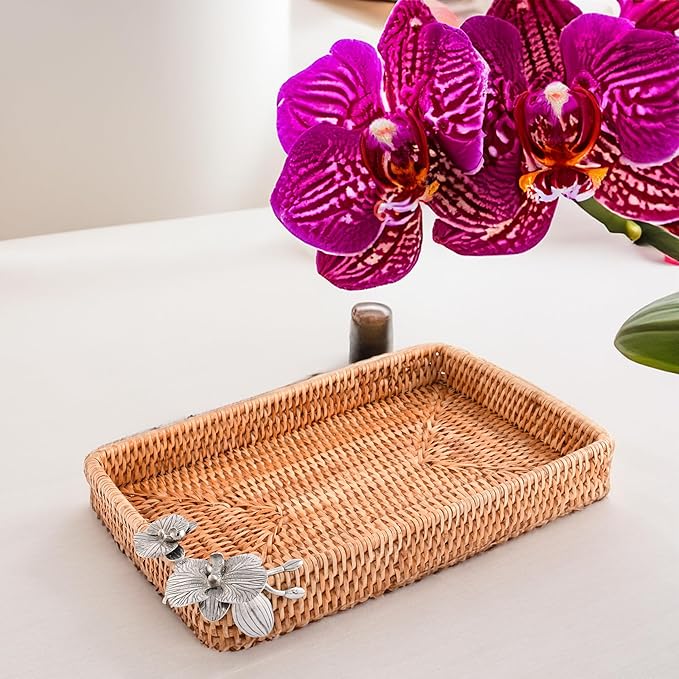 Vagabond House Handmade Wicker Tray, Small Rectangle Catchall Tray with Pewter Orchid Detail, Rattan Tray Woven Handmade Priemer Rattan Tray 12 X 9 Inches Small Designer Statement Tray