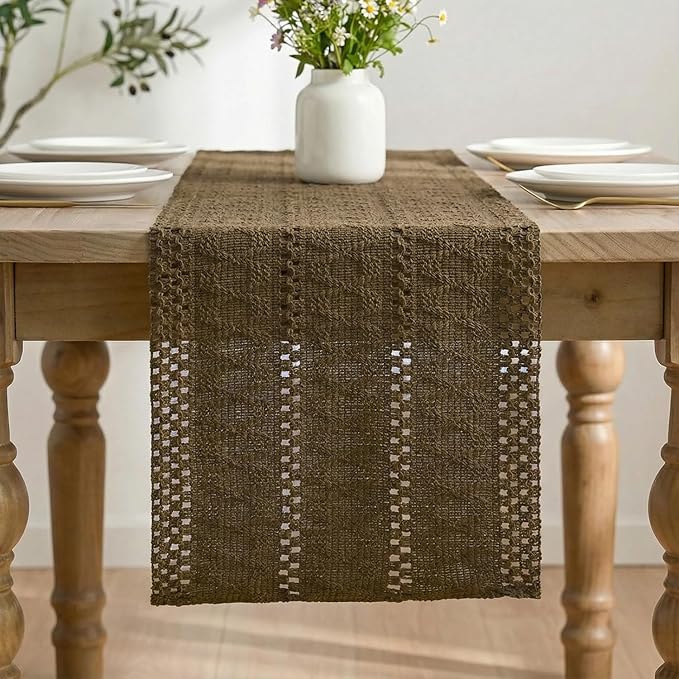 Artoid Mode Light Coffee Farmhouse Woven Rustic Hollow Table Runner, Seasonal Holiday Hollow Kitchen Dining Table Decoration for Home Party Decor 12x90 Inch
