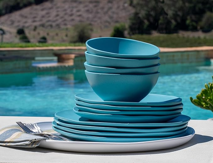 Organic Coupe Wheat PolyPro 12-Piece Dinnerware Set, Azure