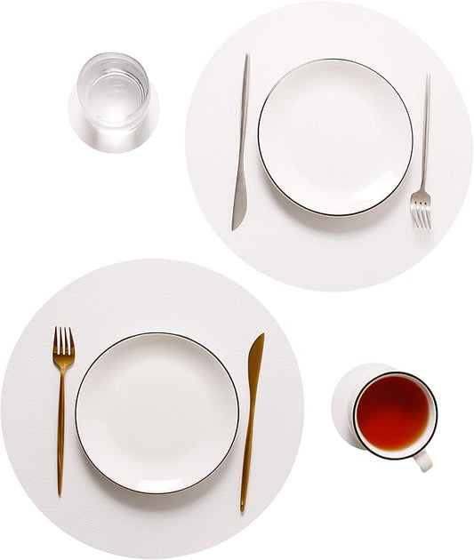 Wipeable Placemats and Coasters Leather Table Mats Waterproof Heat-Resistant Easy to Clean for Dining Table Set Kitchen Table Set of 4, White