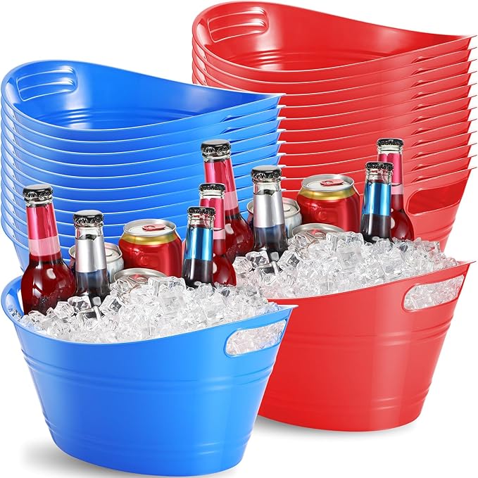 Norme 24 Pcs Oval Storage Tub with Handles 4.5L Plastic Ice Bucket, Wine, Beer, Champagne Drink Cooler for Parties, Beverage Storage Basket(Blue & Red)