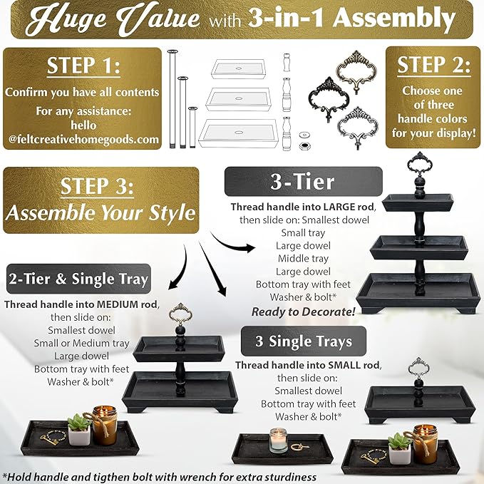 3 Tier Serving Tray [3 in 1] - Gorgeous Coffee Table Tray [Includes 3 Changeable Handles] - Can Assemble into a 1, 2 or 3 Tier Decor - Kitchen Table Centerpiece - Rectangle Wooden Serving Stand