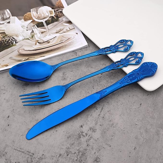 8-Piece Luxury Royal Silverware Set, 18/10 Stainless Steel Blue Flatware Set Service for 2, Tableware Cutlery Set Includes Forks Spoons Knives, Modern Design & Mirror Polished - Dishwasher Safe