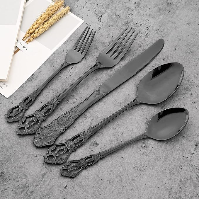 Mirror Polished Black Silverware Set, 24-Piece 18/10 Stainless Steel Shiny Finish Flatware Set Service for 6, Kitchen Utensil Set, Tableware Cutlery Set for Home and Restaurant Dishwasher Safe