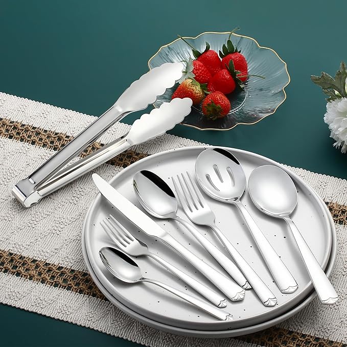 Silverware Set for 4, Prendcyx 23 Piece Stainless Steel Flatware Utensils Cutlery Set Including Knife Fork Spoon and Metal Serving Utensils, Dishwasher Safe, Mirror Polish