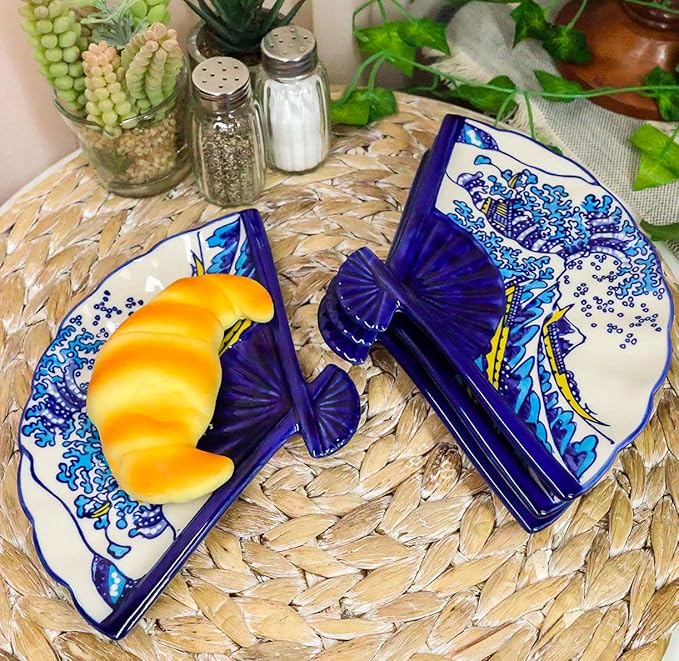 Ebros Pack Of 4 Colorful Oriental Folding Fan Shaped Appetizer Sushi Dessert Serving Dish Plates Decorative Asian Artistic Dinner Lunch Serveware Plate Set (White And Blue Hokusai The Great Wave)