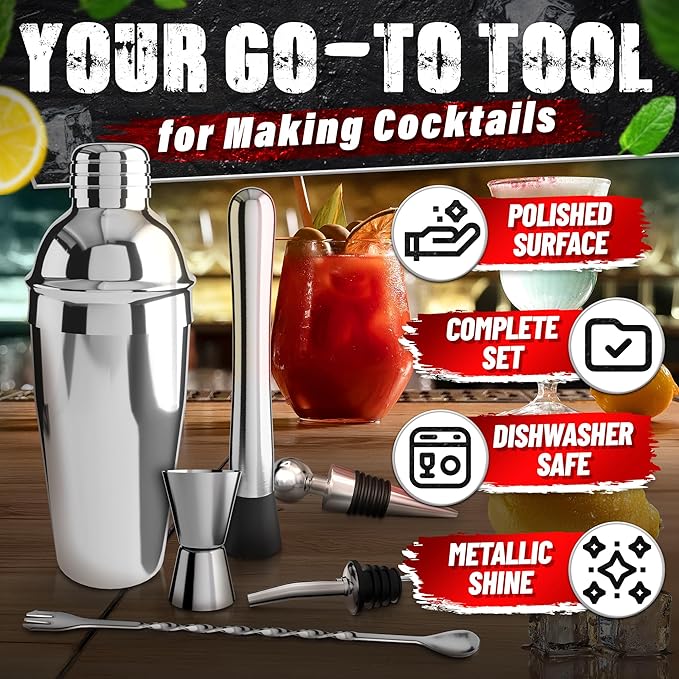 Mixology Bartender Kit with Stand – Stainless Steel Mixed Drink Shaker Set with 10 Accessories, Easy to Clean Bar Tool Set | Wooden Organizer for Home Bar Setup, Great Gift for Cocktail Enthusiasts