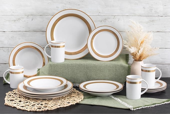 Dinnerware Set for 4 - White with Gold Rope Vintage Design - Porcelain Dish Set Tableware Setting with Mug for Every Day Use or Formal Occasions (Rope 2016, 16 PIECE SET)