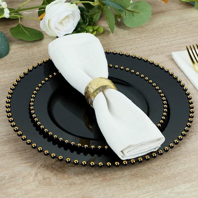 8" Salad Plates - Set of 20 - Plastic Black Gold Round Disposable Dessert Appetizer Plate Beaded Rim, Ideal for Dinner Party Wedding Bulk Events